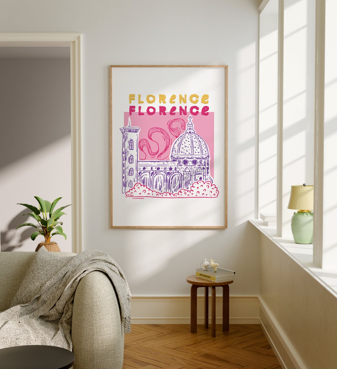 Florence Cathedral Italy Pink Hand Drawn Illustration Poster - Image 2