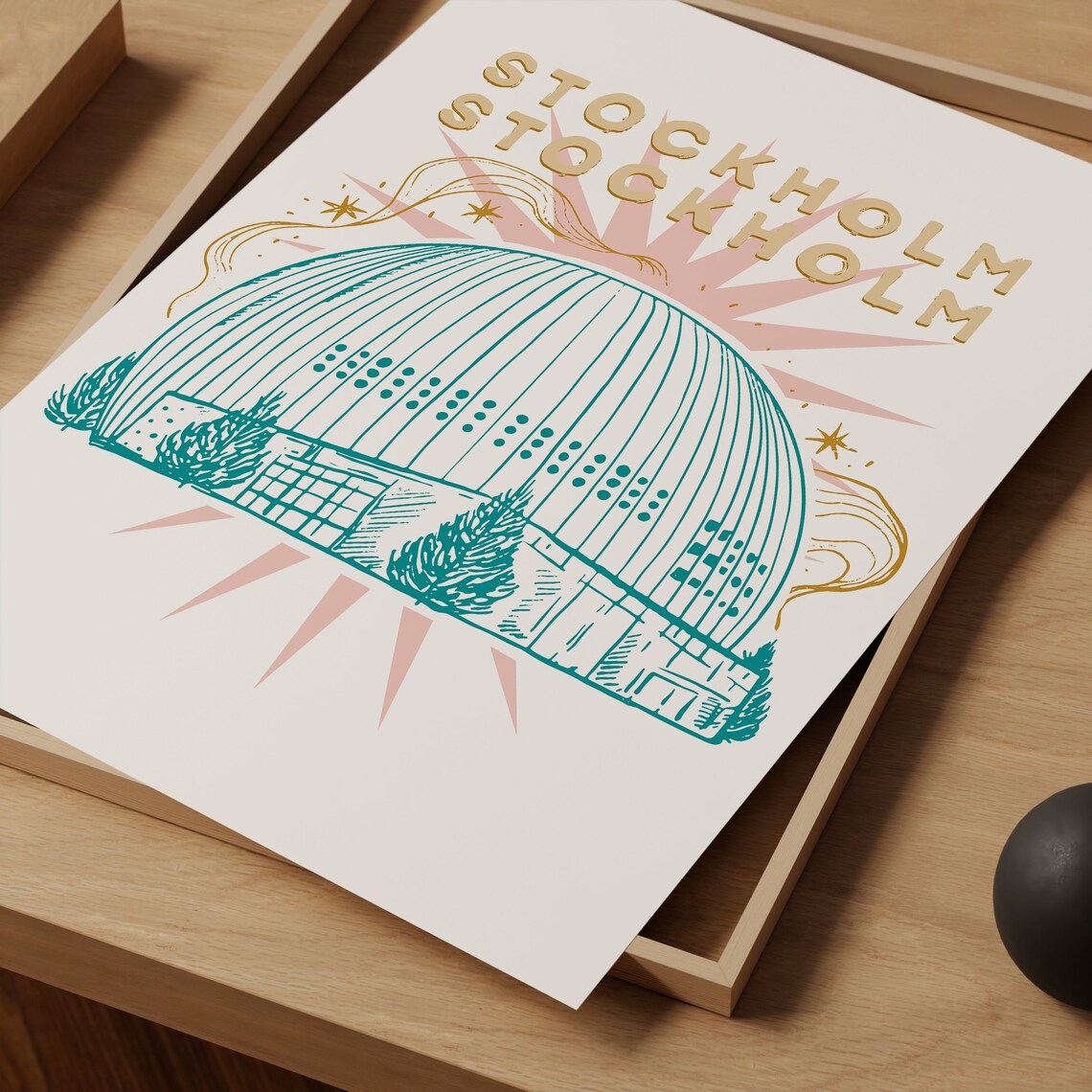 Stockholm Sweden Teal Globe Arena Sketch Line Art Retro Poster - Image 3