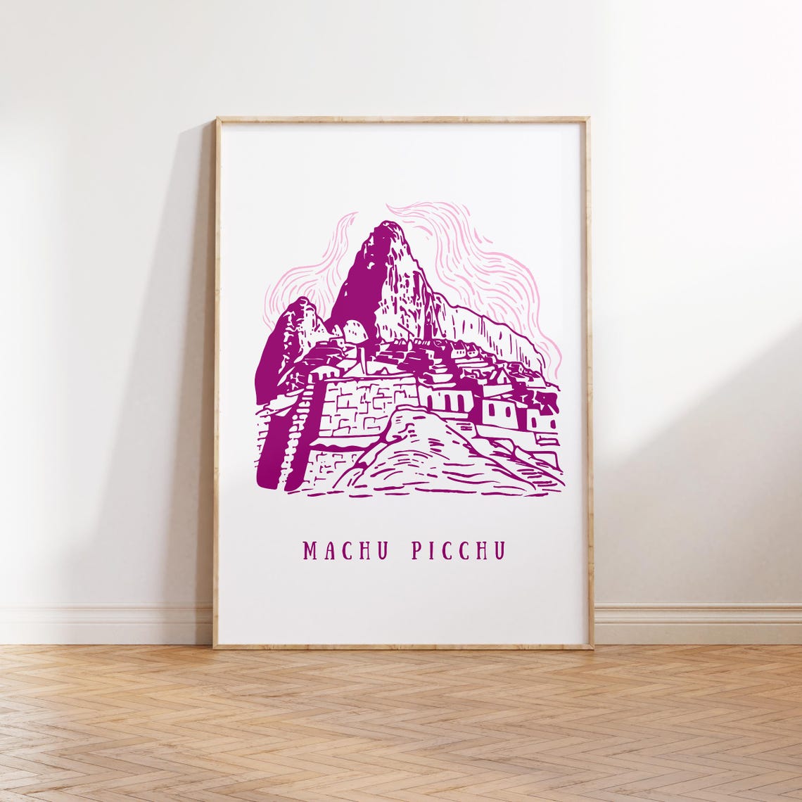 Machu Picchu Ancient Mountain Ruins Magenta Line Art Minimalist Print