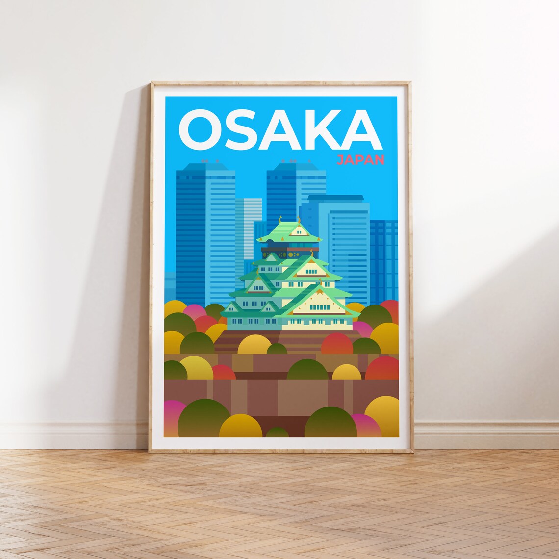 Osaka Japan Castle Autumn Gardens Skyline Vintage Art Poster