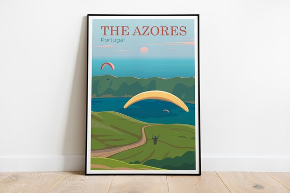 The Azores Portugal Paragliding Crater Lake Green Hills Poster Art