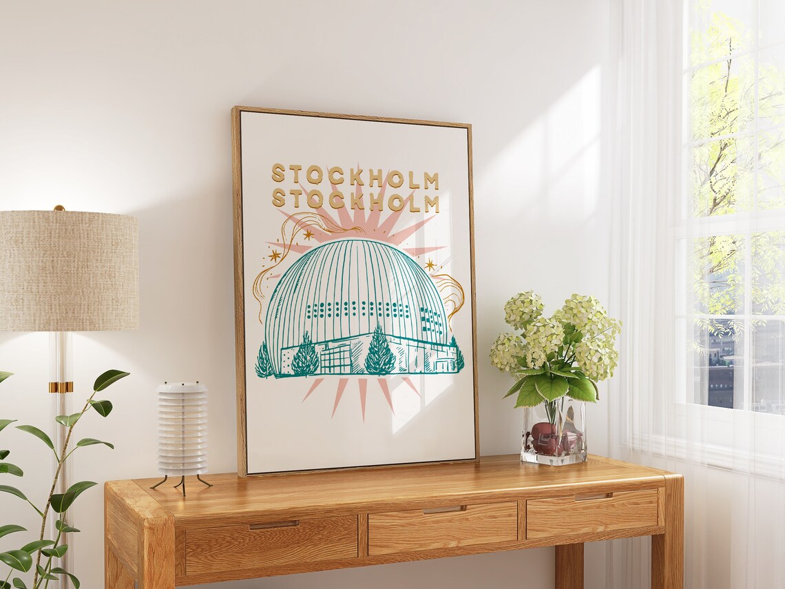Stockholm Sweden Teal Globe Arena Sketch Line Art Retro Poster - Image 5