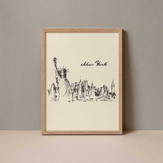 New York Statue of Liberty Skyline Minimal Line Sketch Poster