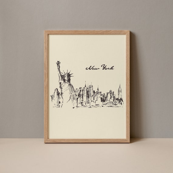 Nyc Skyline Statue Of Liberty Sketch Fine Art Print New York City Skyline Poster Nyc Travel Wanderlust Print Nyc Landmark Print