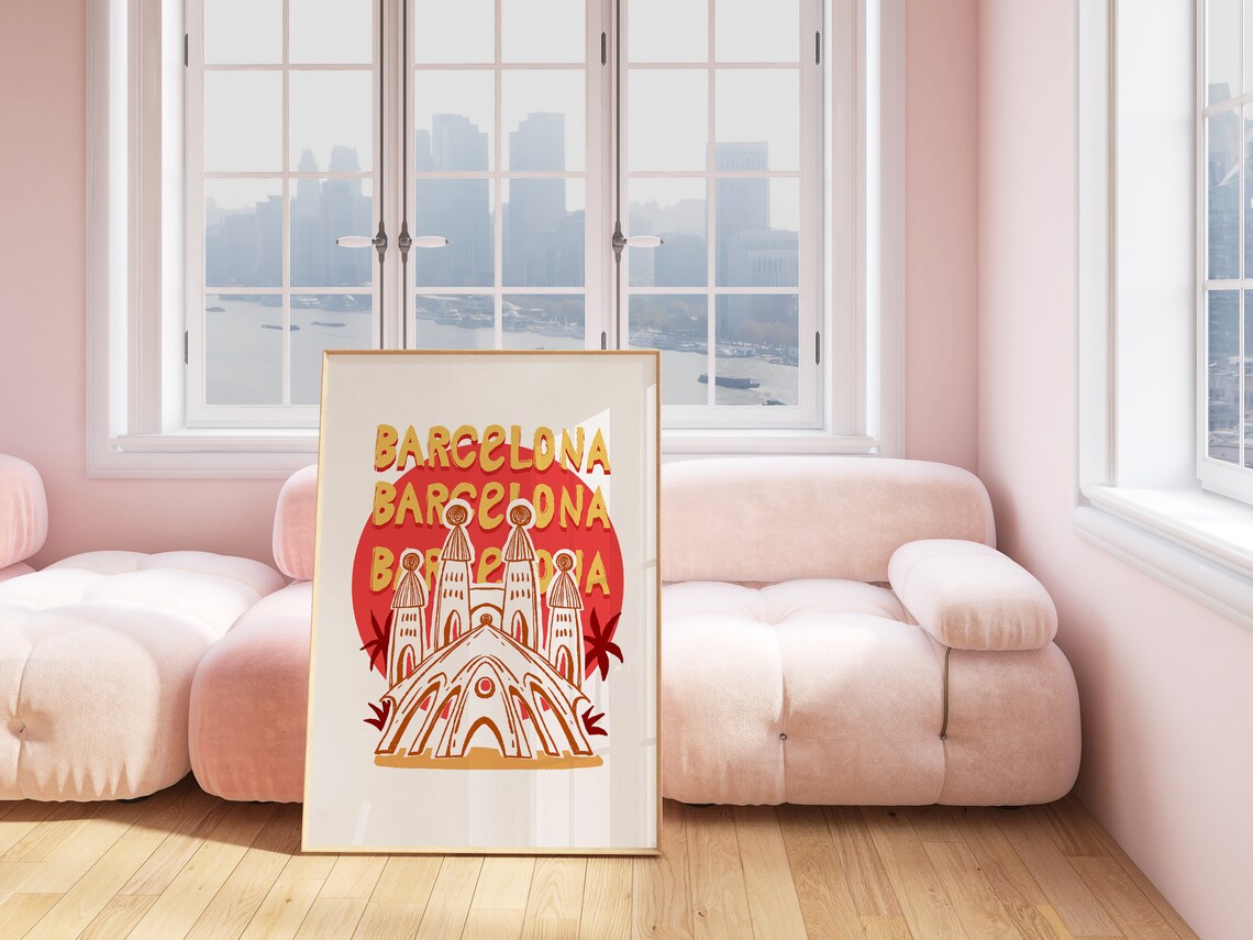 Barcelona Spain Gaudi Inspired Basilica Red Sun Travel Art Poster - Image 5