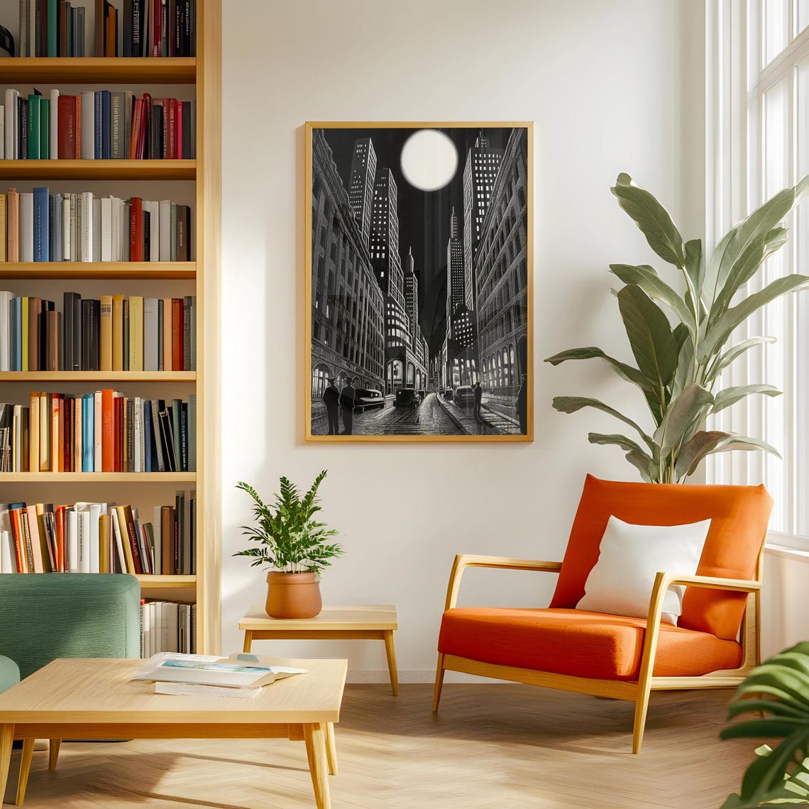 Gothic City Street Under a Giant Full Moon Ink Drawing Poster - Image 2