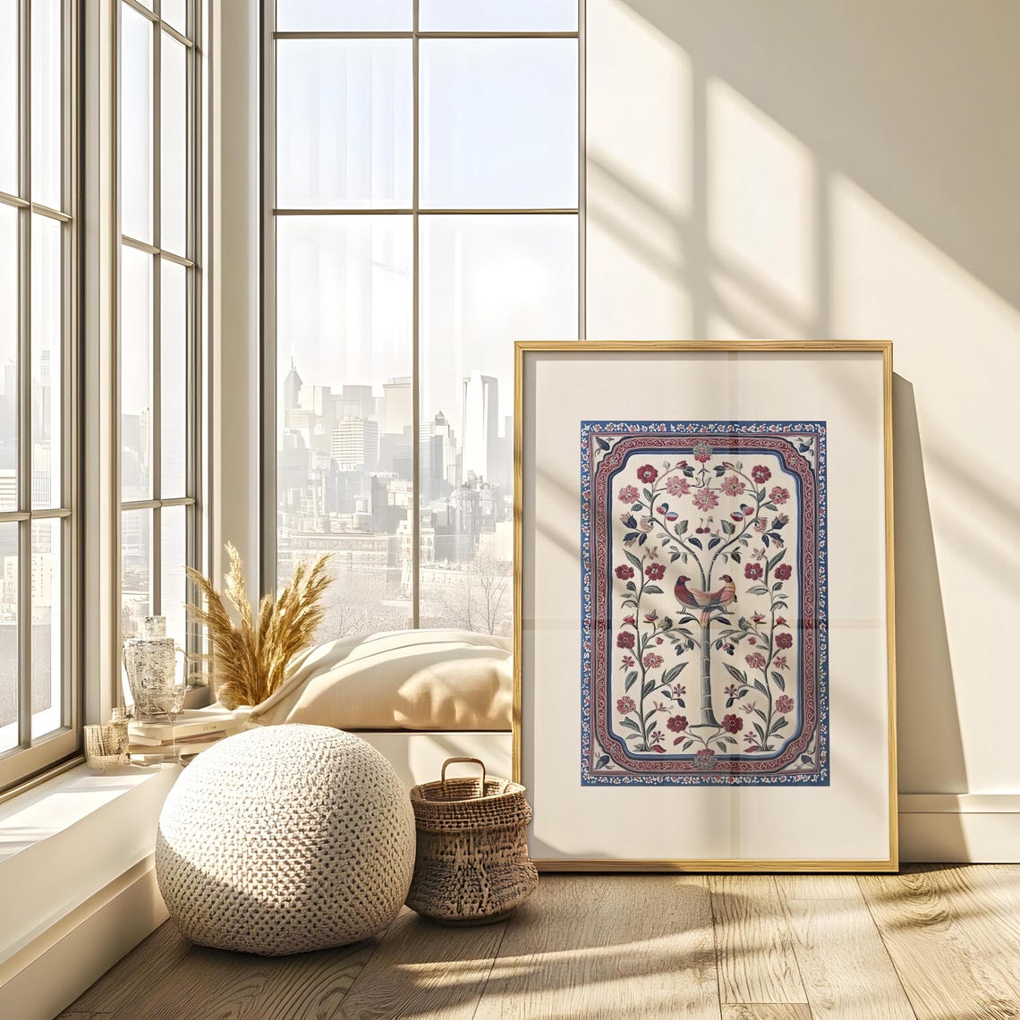 Red Kashmiri Tree of Life With Two Birds Floral Textile Poster - Image 4