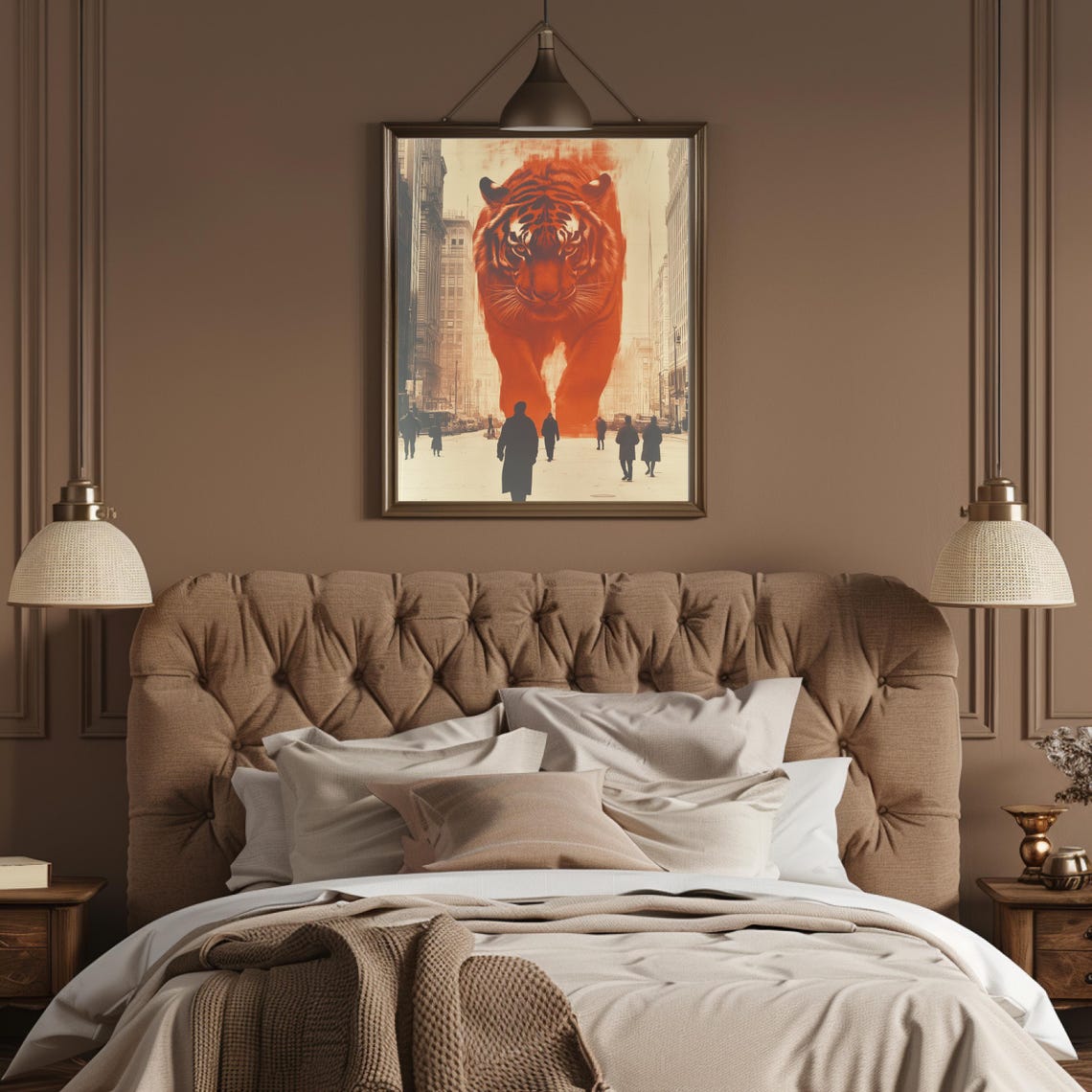 Giant Orange Tiger Towering Over A Busy City Street Art Poster - Image 3