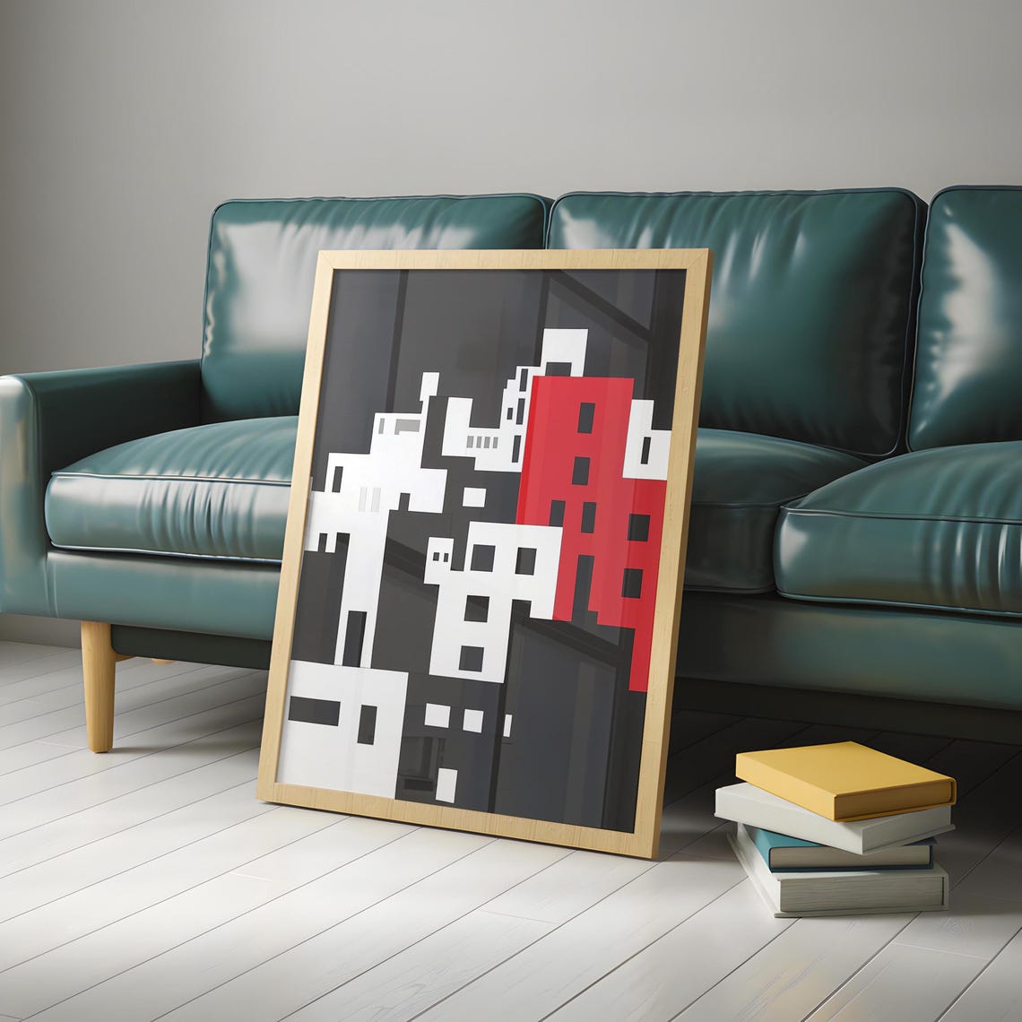 Bold Geometric Black White And Red Abstract Cityscape Art Poster - Image 4