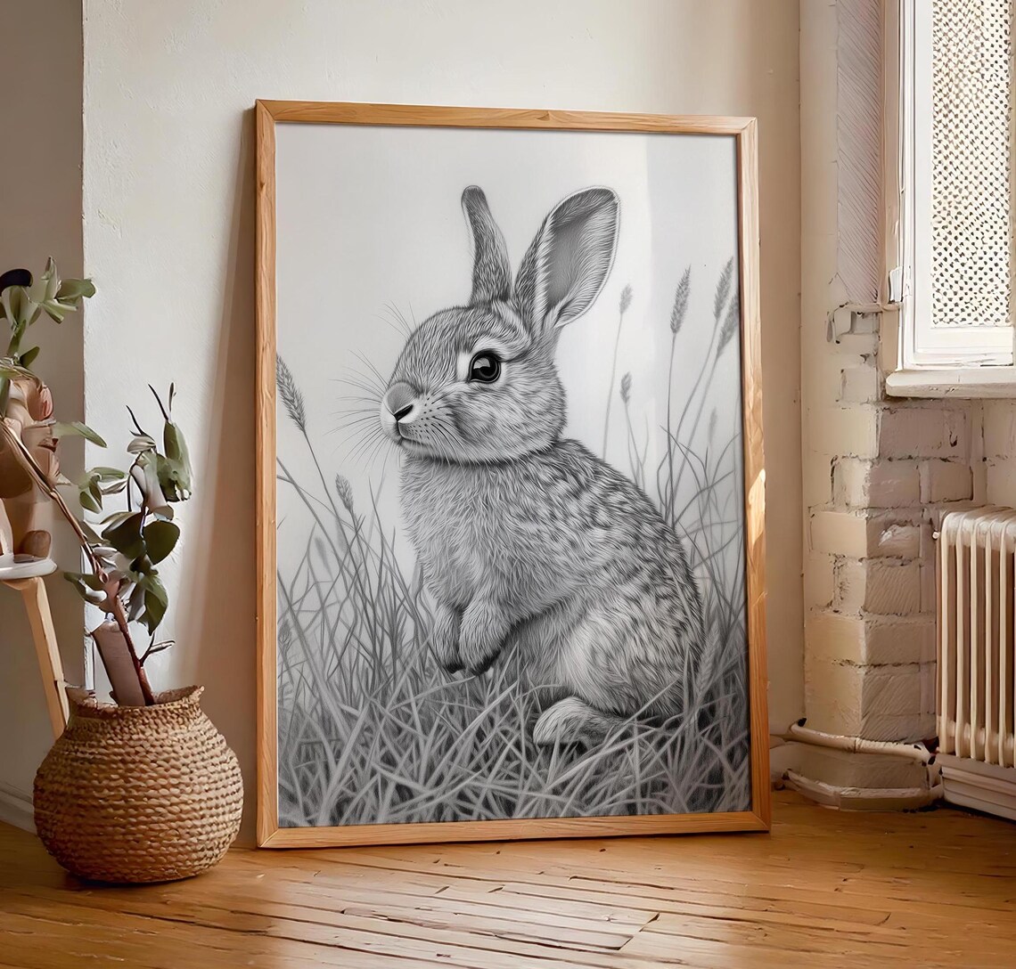 Gray Bunny Pencil Sketch Sitting In Tall Grass Minimalist Woodland Animal Drawing Poster