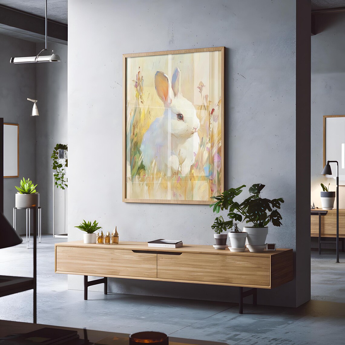 White Rabbit In Golden Meadow Soft Pastel Oil Painting Style Bunny Artwork Poster - Image 3