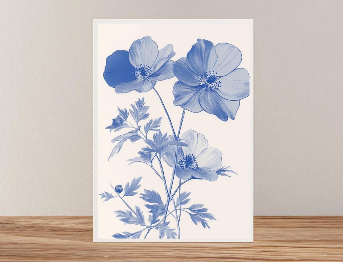 Blue Watercolor Poppy Blooms Delicate Floral Study Art Poster