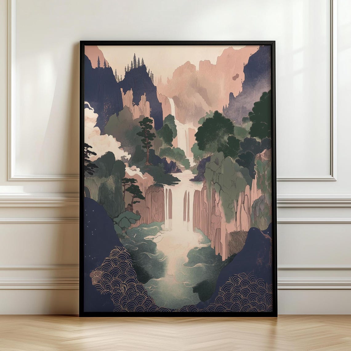 Japanese Ikigai Ukiyo E Print Waterfall Painting Poster Masculine Wall Hanging Art Traditional Japanese Artwork