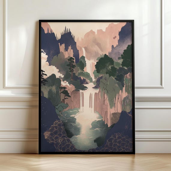 Japanese Ikigai Ukiyo E Print Waterfall Painting Poster Masculine Wall Hanging Art Traditional Japanese Artwork