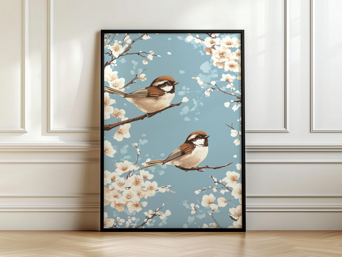 Two Brown Songbirds Perched White Blossoms Light Blue Poster - Image 7