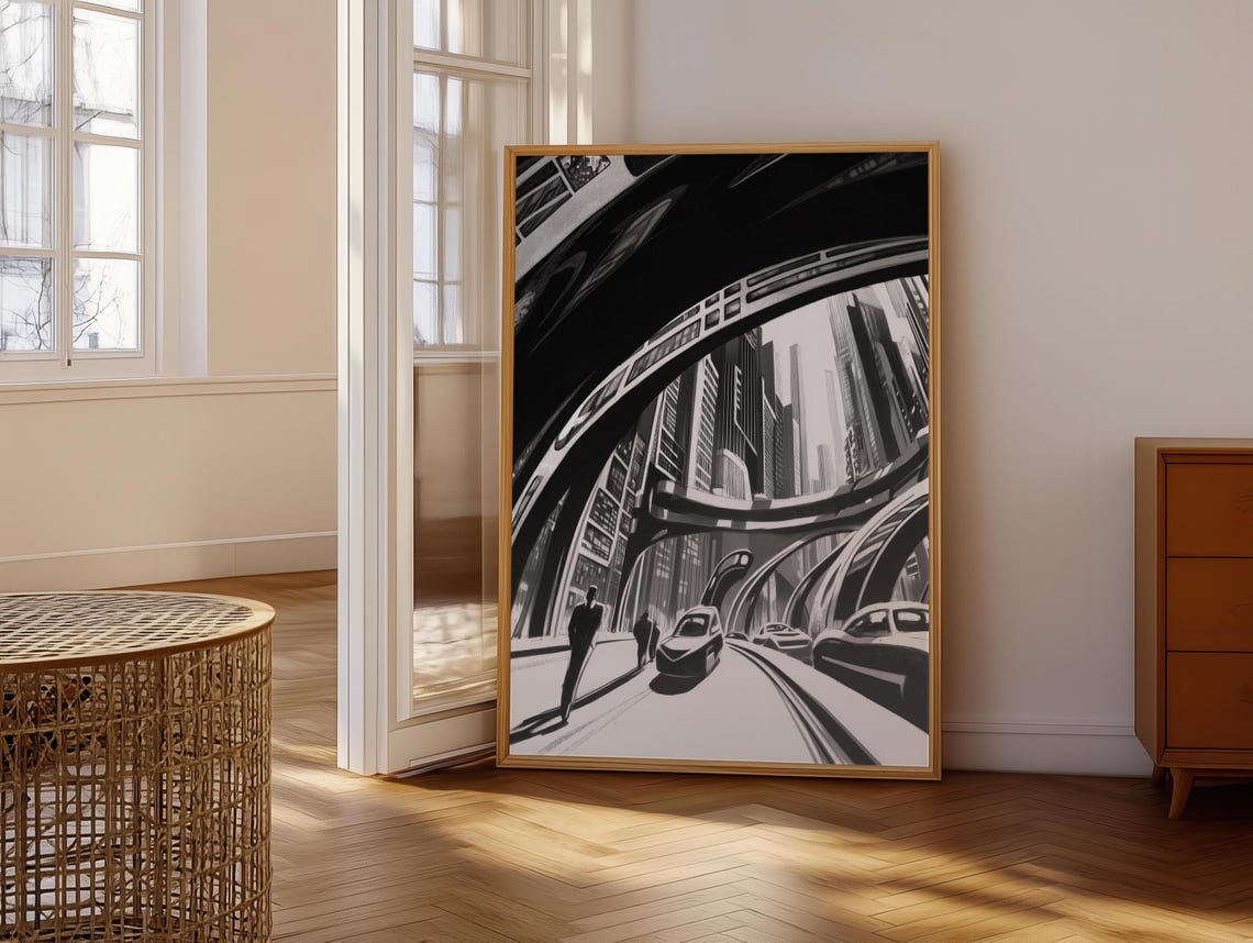 Retro Futurist City with Elevated Highways Drawing Artwork Poster - Image 7