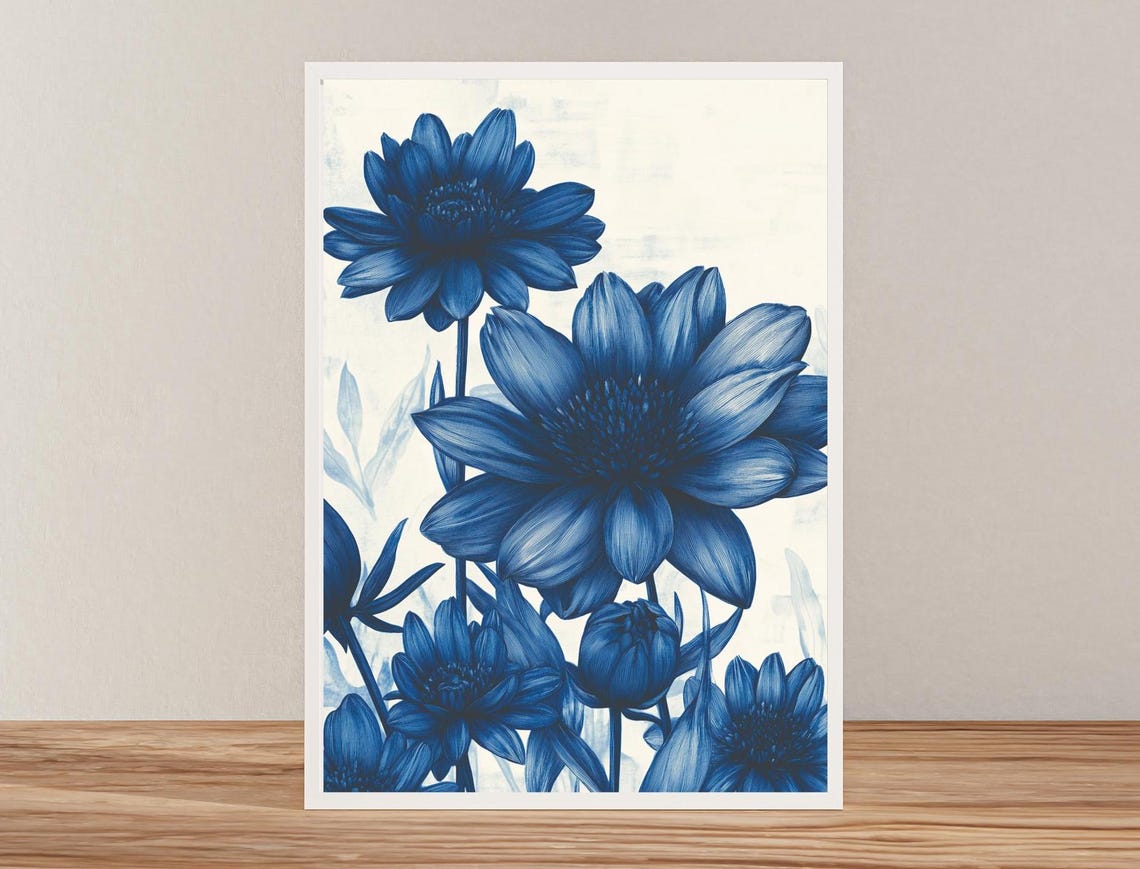 Blue Ink Watercolor Flower Blooms on White Botanical Art Poster