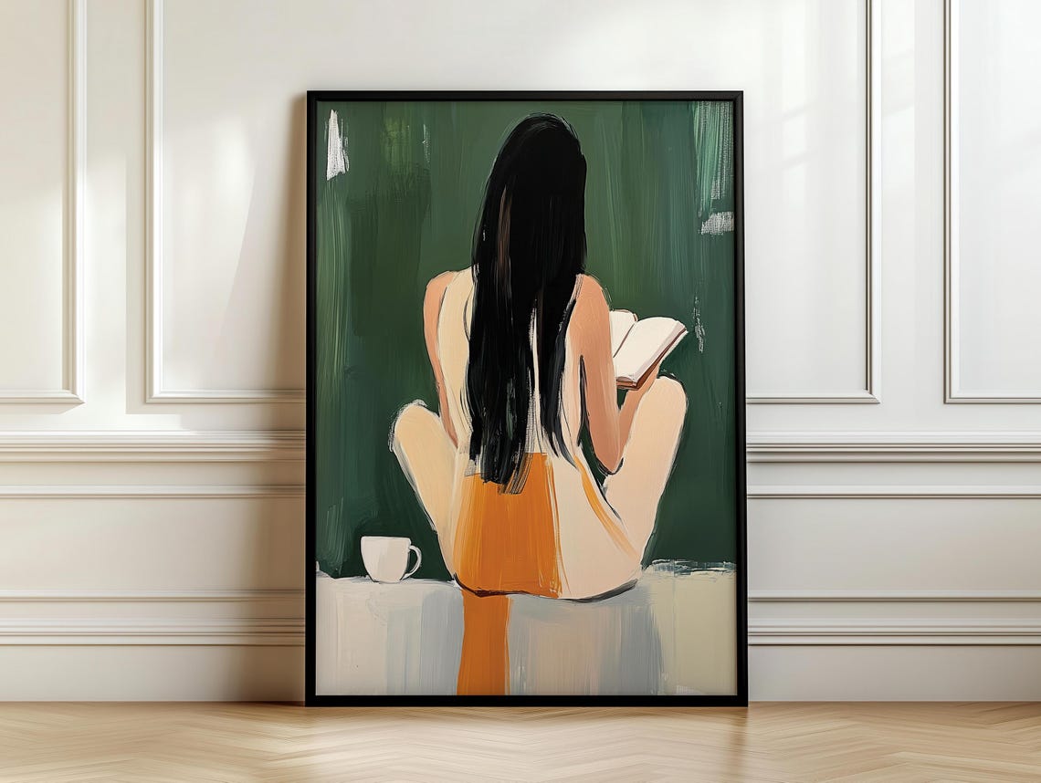 Emerald Green Reading Woman Coffee Abstract Minimalist Print Expressionist Wall Art Retro Vintage Painting Artwork - Image 7