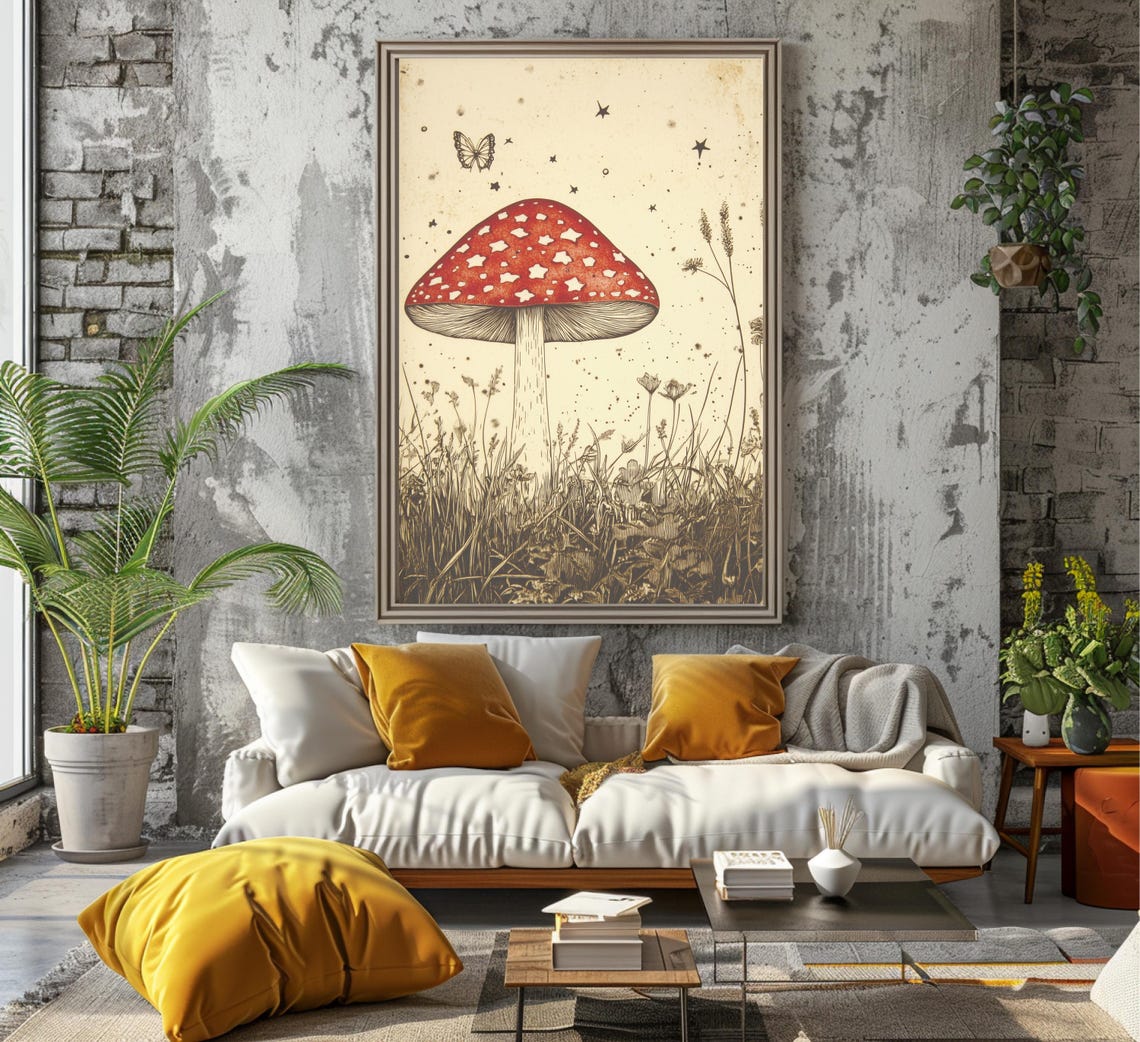 Red Fly Agaric Mushroom in Starry Meadow Vintage Botanical Poster - Image 7