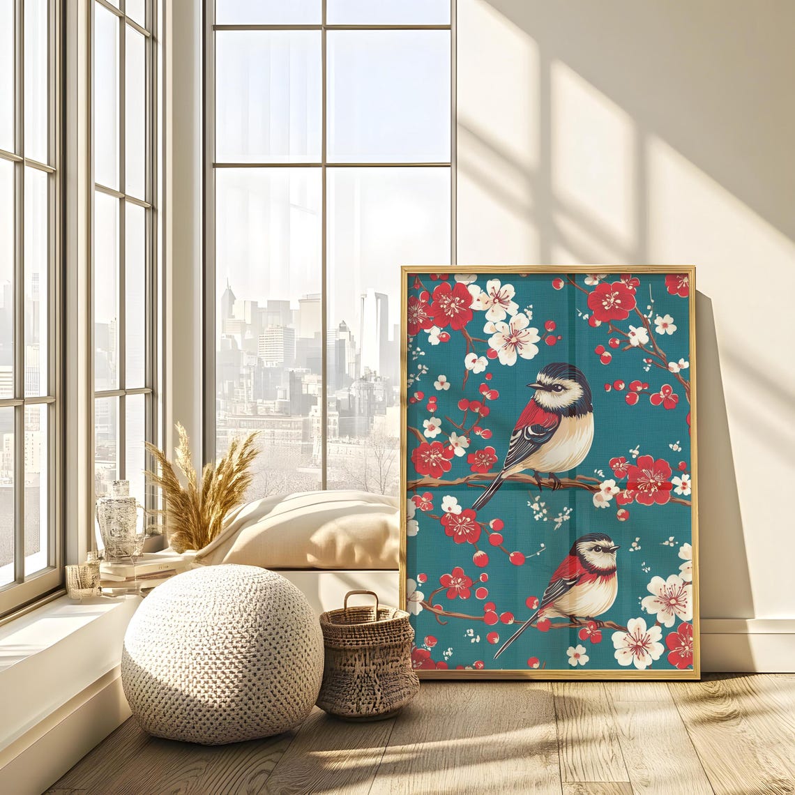 Two Red Winged Birds Among Blossoms Teal Chinoiserie Art Poster - Image 4