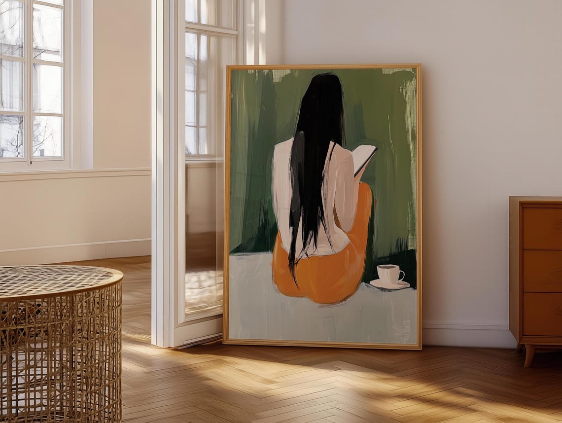 Woman Reading From Behind in Orange Pants Coffee Minimalist Poster - Image 6