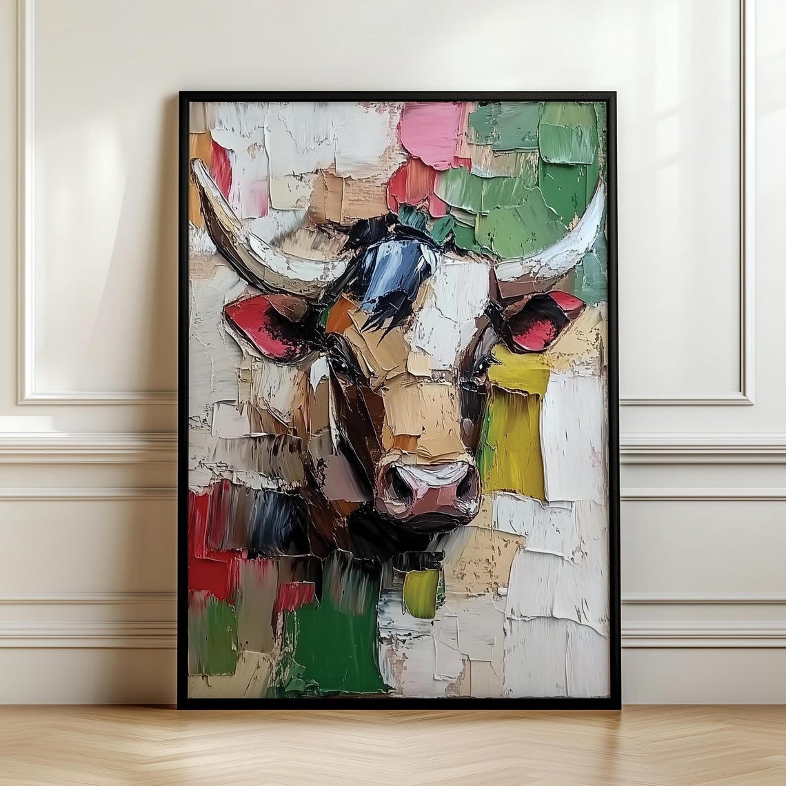 Colorful Abstract Impasto Bull Portrait with Pink Ears Painting Poster