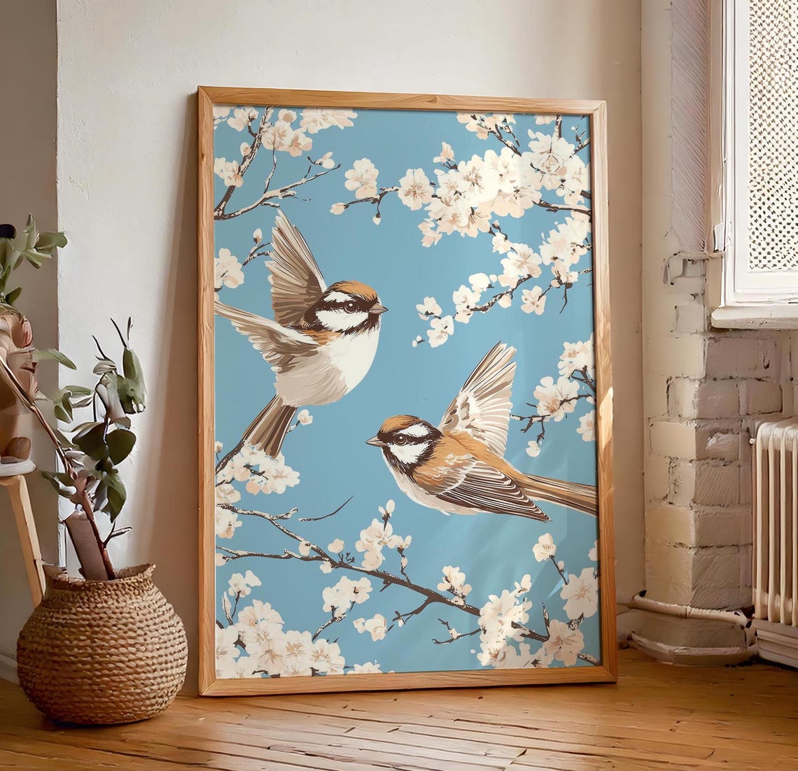 Two Birds In Flight White Cherry Blossoms Pale Blue Sky Poster