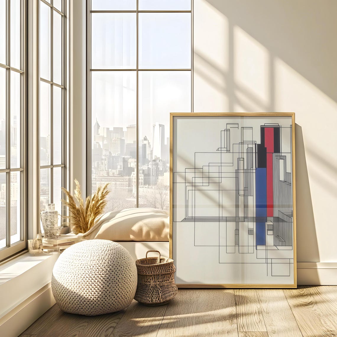 Bauhaus Geometric Skyline Line Art with Red Blue Bars Poster - Image 3