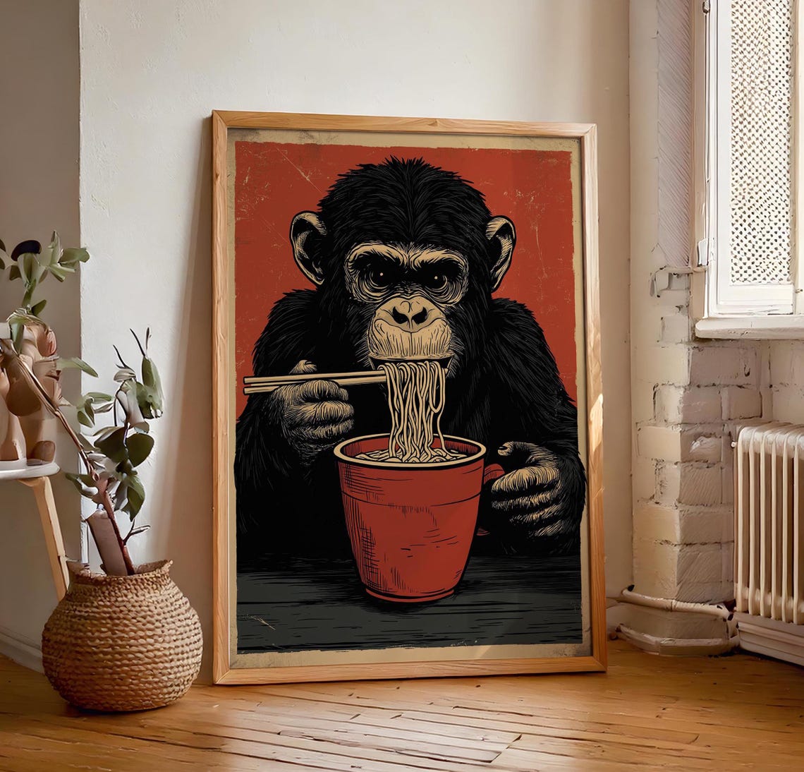 Funny Monkey Eating Ramen Noodles Vintage Red Background Poster