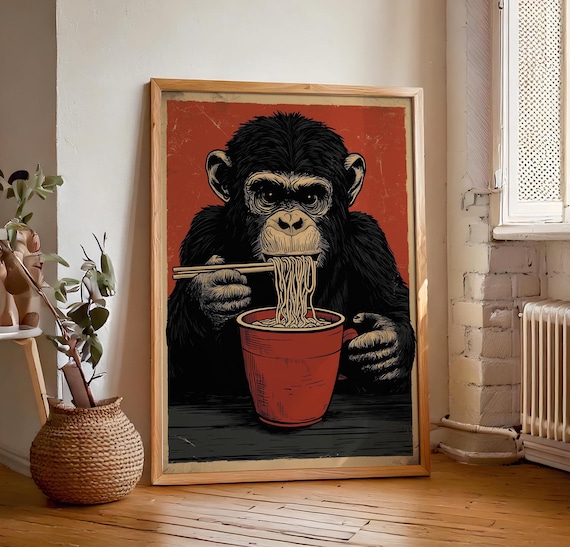 Funny Monkey Eating Ramen Noodles Vintage Red Background Poster