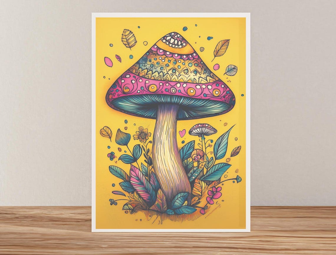 Tall Patterned Pink Mushroom With Folk Art Details Art Poster
