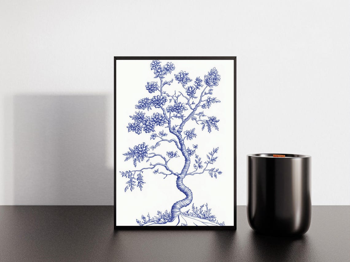 Blue Ink Gnarled Blossom Tree on White Chinoiserie Line Art Poster - Image 4