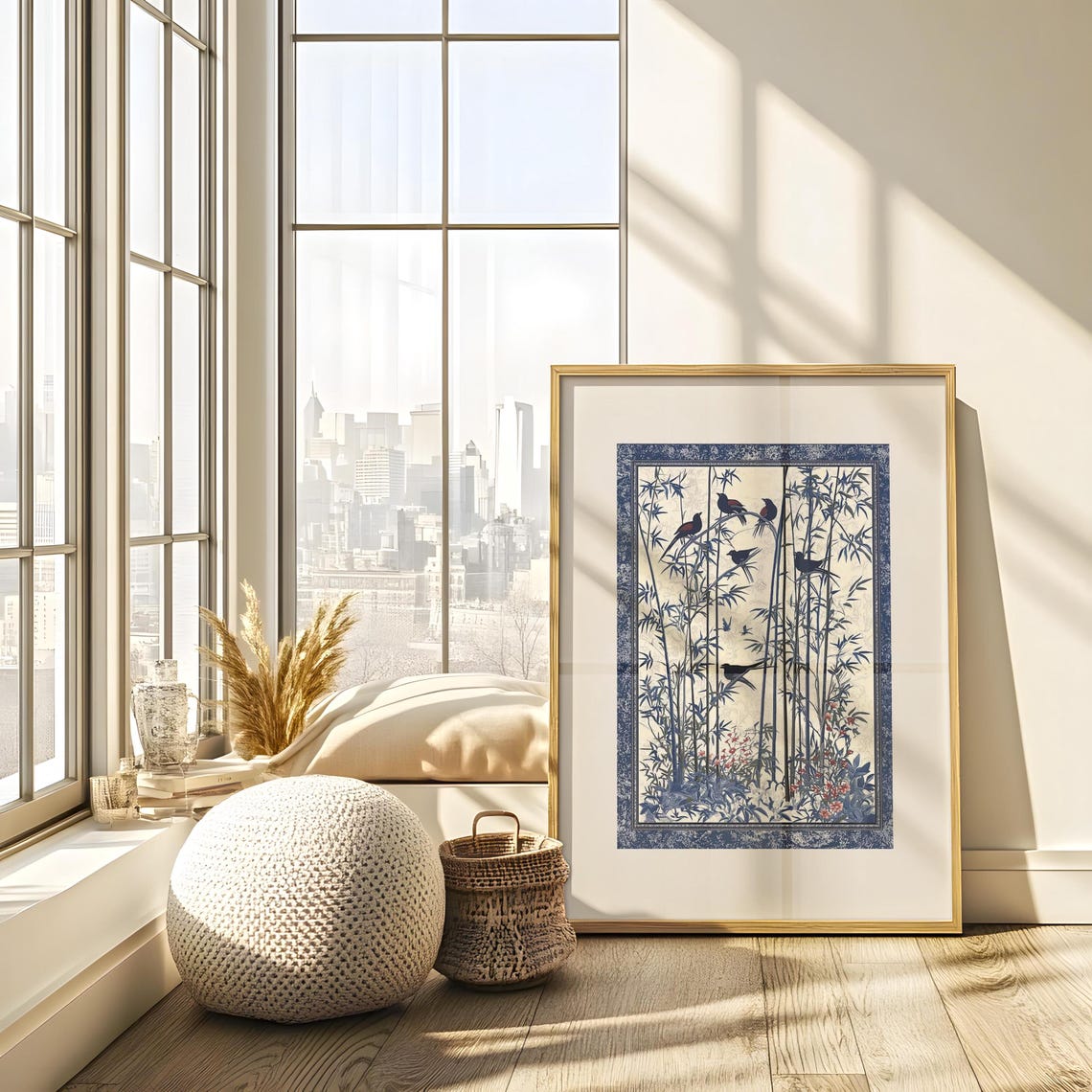 Blue Bamboo Forest With Black Birds Chinoiserie Textile Art Poster - Image 4
