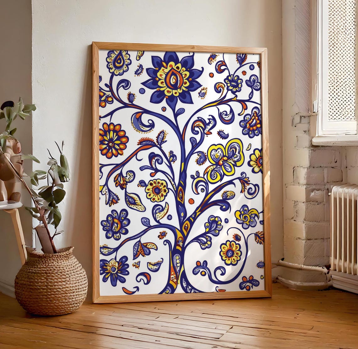 Ukrainian Folk Art Tree Of Life Cobalt Blue Orange Floral Poster