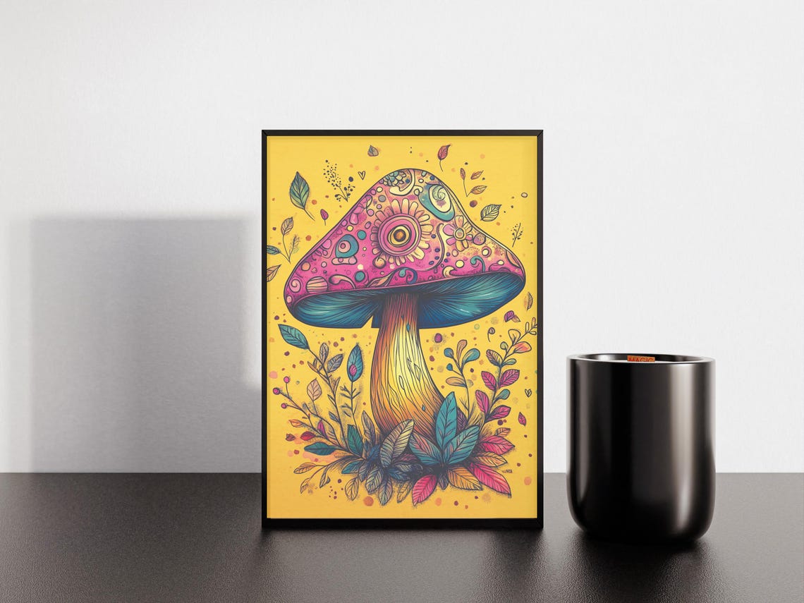 Pink Floral Mushroom With Botanical Leaves Yellow Art Poster - Image 4