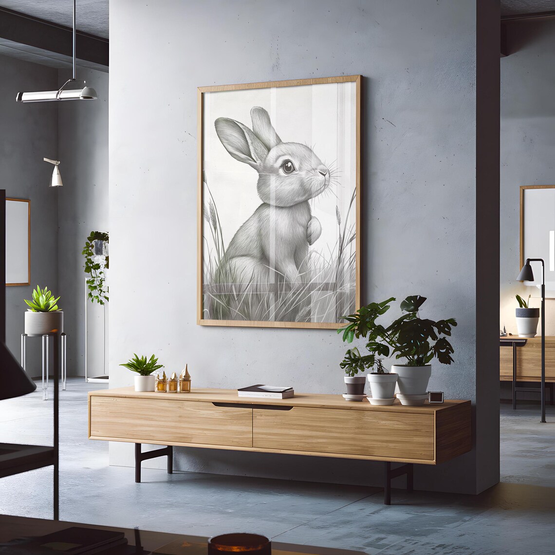 Sitting Bunny Looking Up Pencil Drawing Delicate Monochrome Rabbit Sketch Art Poster - Image 3