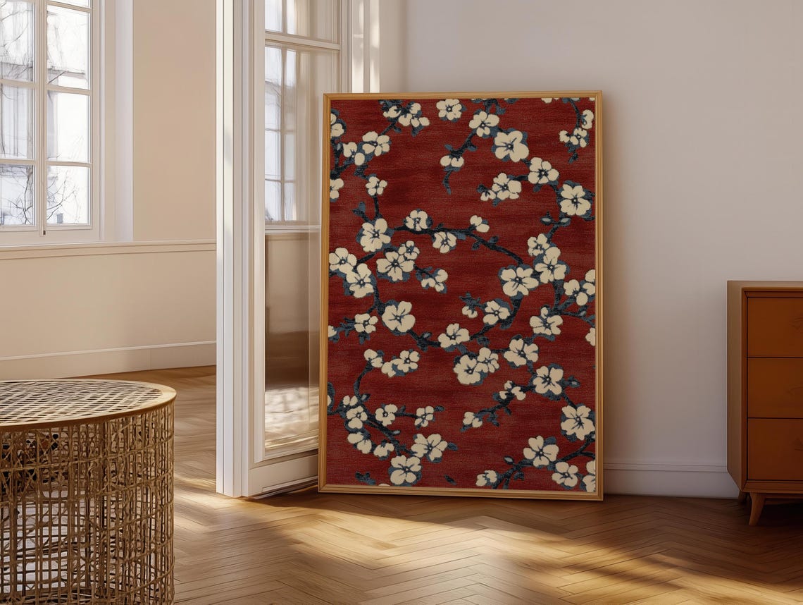 White Blossoms On Deep Crimson Chinoiserie Textile Style Poster - Image 6