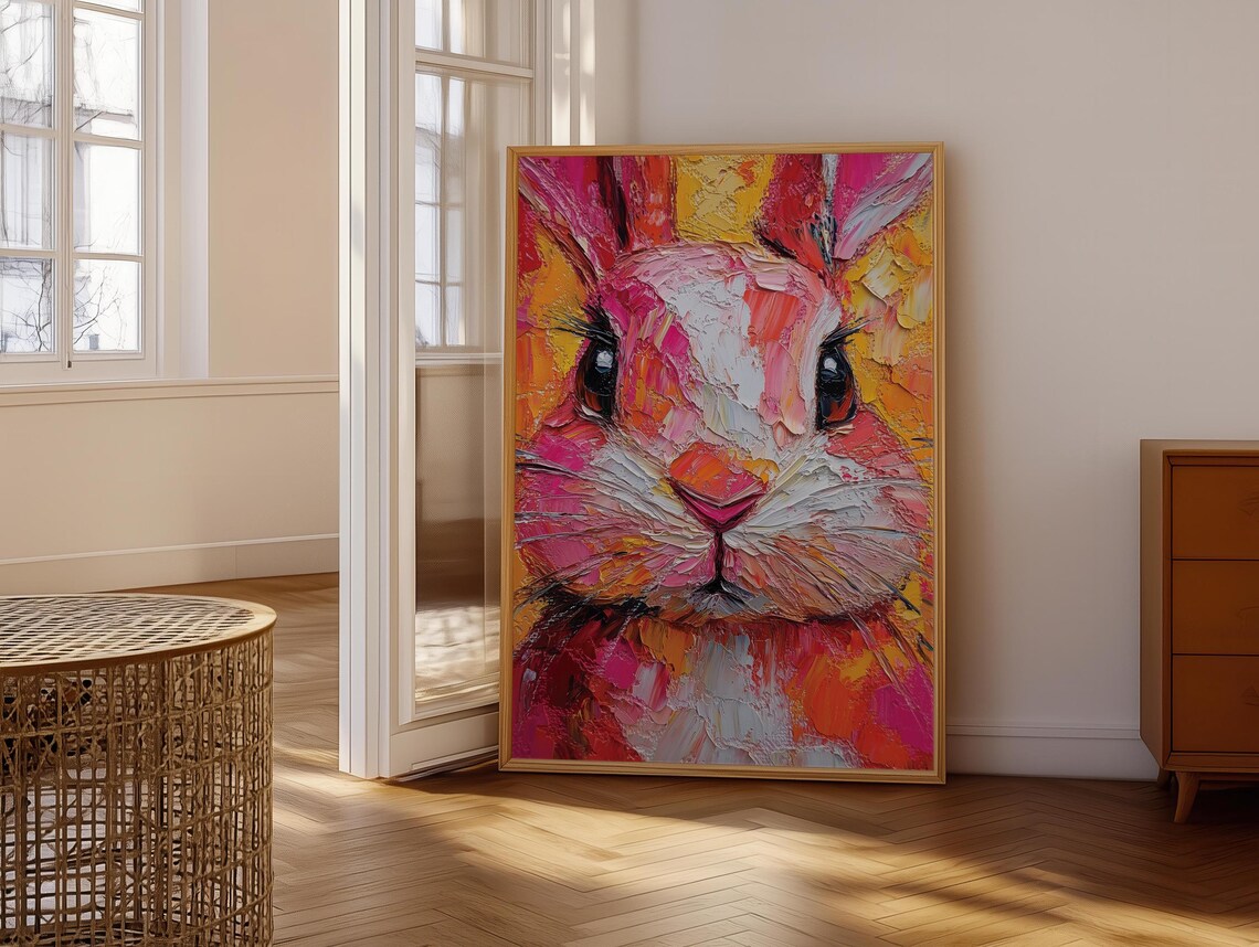 Vibrant Impasto Bunny Face Bold Pink Orange Thick Brushstroke Textured Art Poster - Image 6
