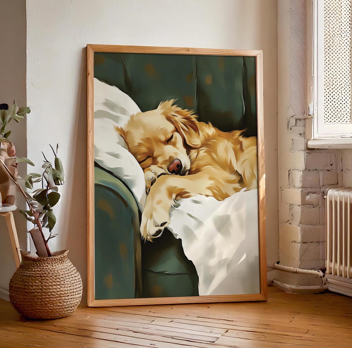 Golden Retriever Puppy Sleeping on Green Couch Soft Painting Poster