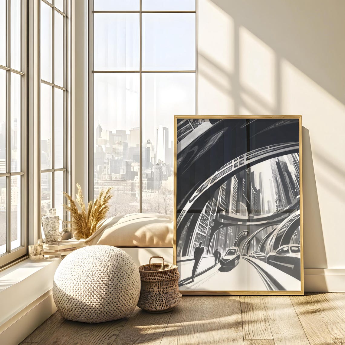 Retro Futurist City with Elevated Highways Drawing Artwork Poster - Image 3