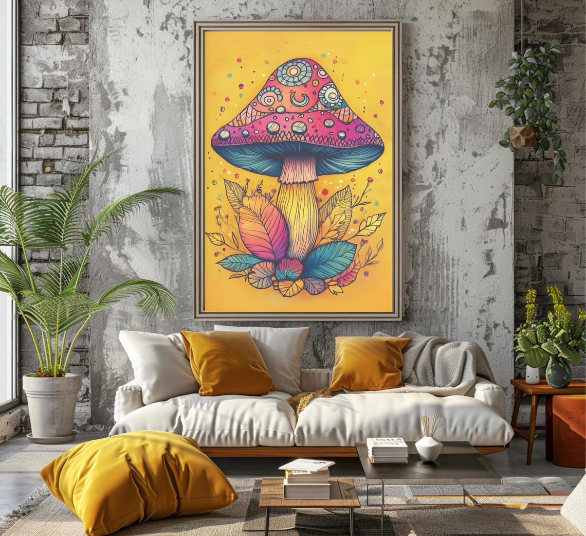 Celestial Patterned Mushroom On Yellow Psychedelic Art Poster - Image 7