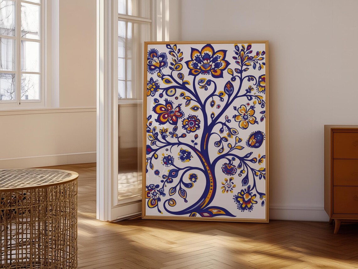 Indigo Blue Ukrainian Folk Tree Of Life Yellow Orange Floral Poster - Image 6