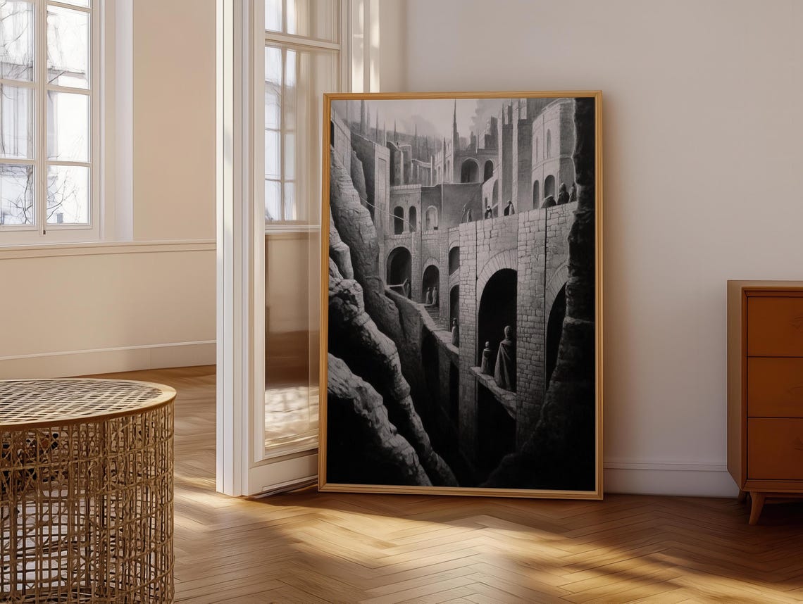 Dark Fantasy Canyon Fortress with Stone Arches Ink Drawing Poster - Image 7