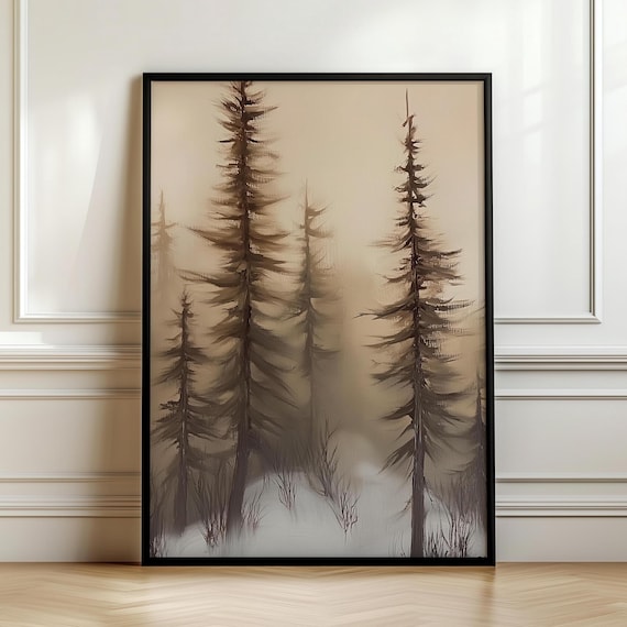 Winter Pine Tree Wall Art Vintage Forest Snow Painting Rustic Masculine Wall Hanging Artwork