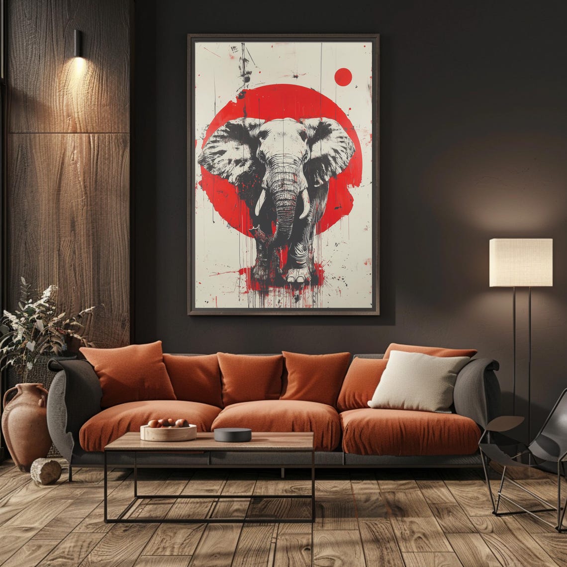 Elephant Before Giant Red Sun Trash Polka Style Ink Art Poster - Image 4