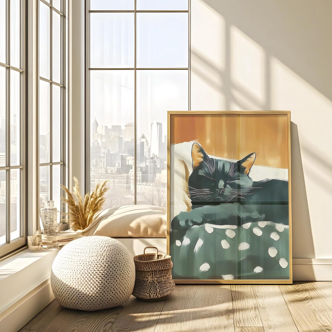 Sleeping Black Cat Under Polka Dot Blanket Golden Glow Poster - Image 3