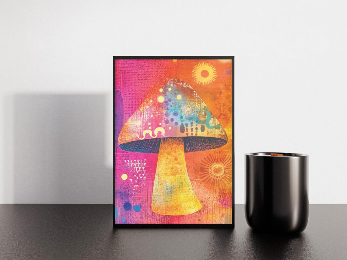 Colorful Abstract Mushroom on Pink Orange Sun Pattern Art Poster - Image 5