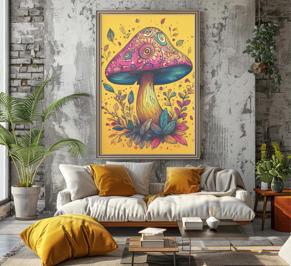 Pink Floral Mushroom With Botanical Leaves Yellow Art Poster - Image 7