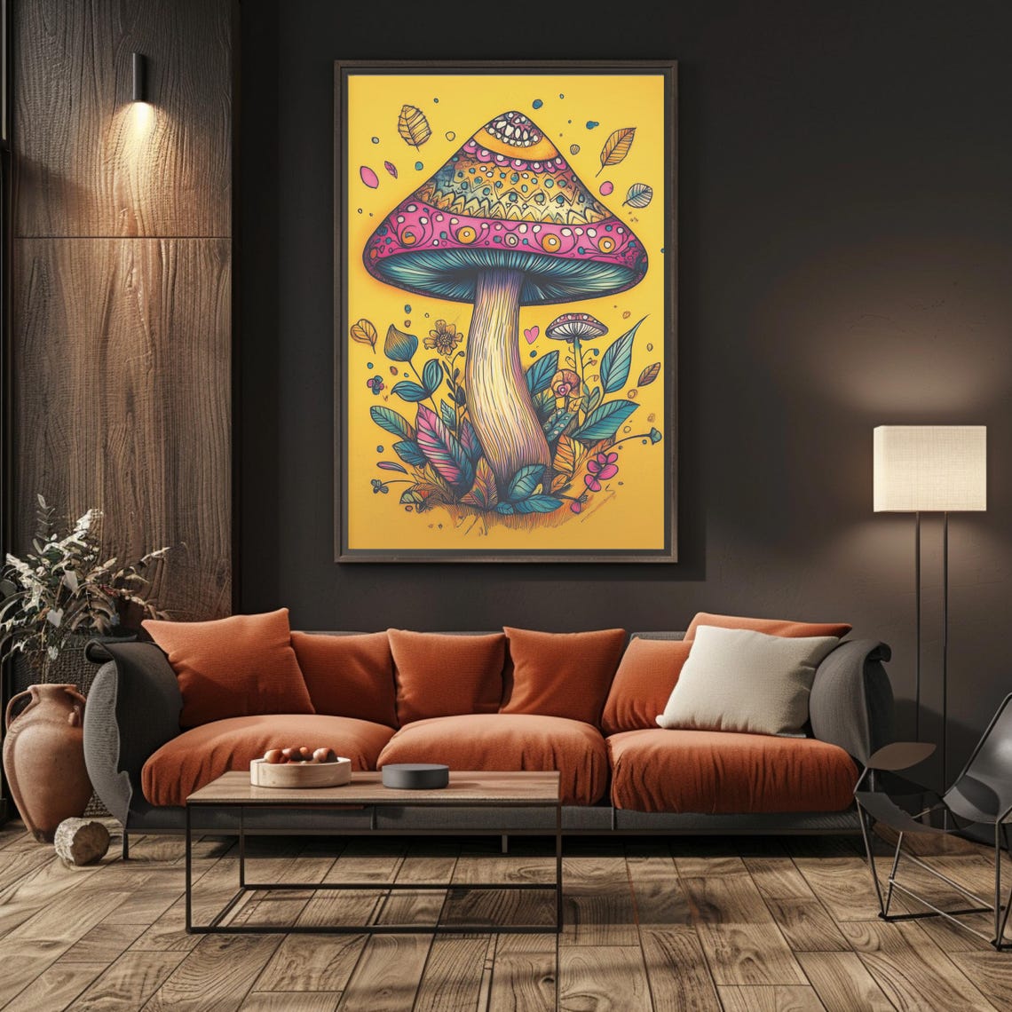 Tall Patterned Pink Mushroom With Folk Art Details Art Poster - Image 5