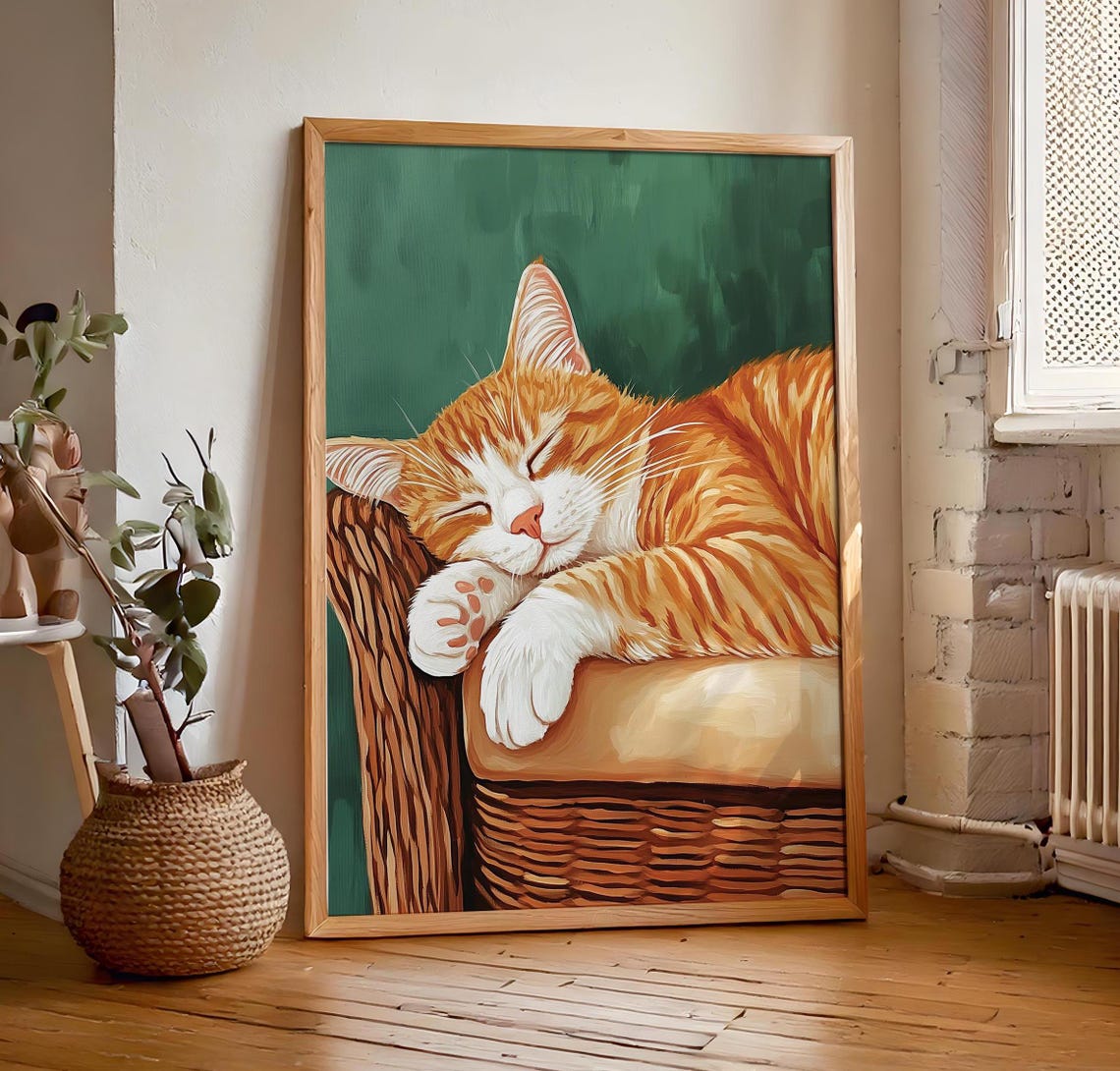 Sleeping Orange Tabby Cat on Wicker Basket Cozy Green Poster